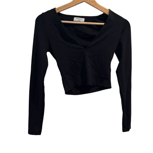 Aritzia Babaton Black Long Sleeve V-Neck Crop Top XS - Picture 2 of 7